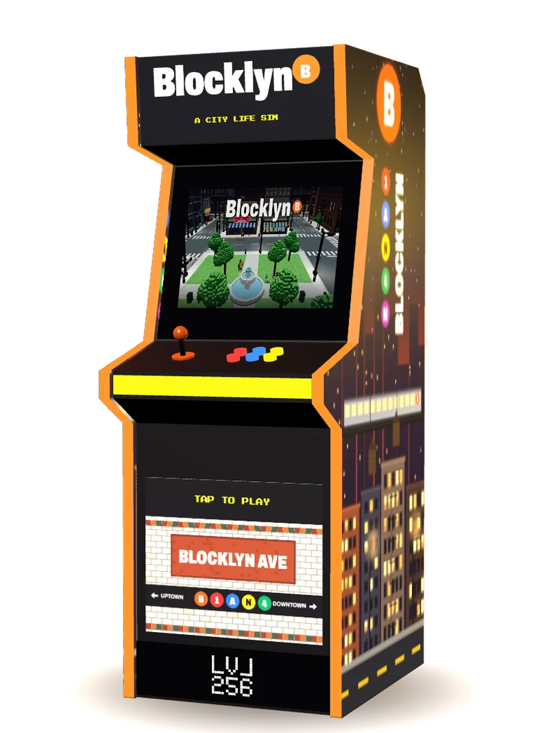 The Blocklyn arcade cabinet: a black machine trimmed in glowing orange, with the Blocklyn logo on its marquee, a night city skyline down its sides and a subway sign on the front