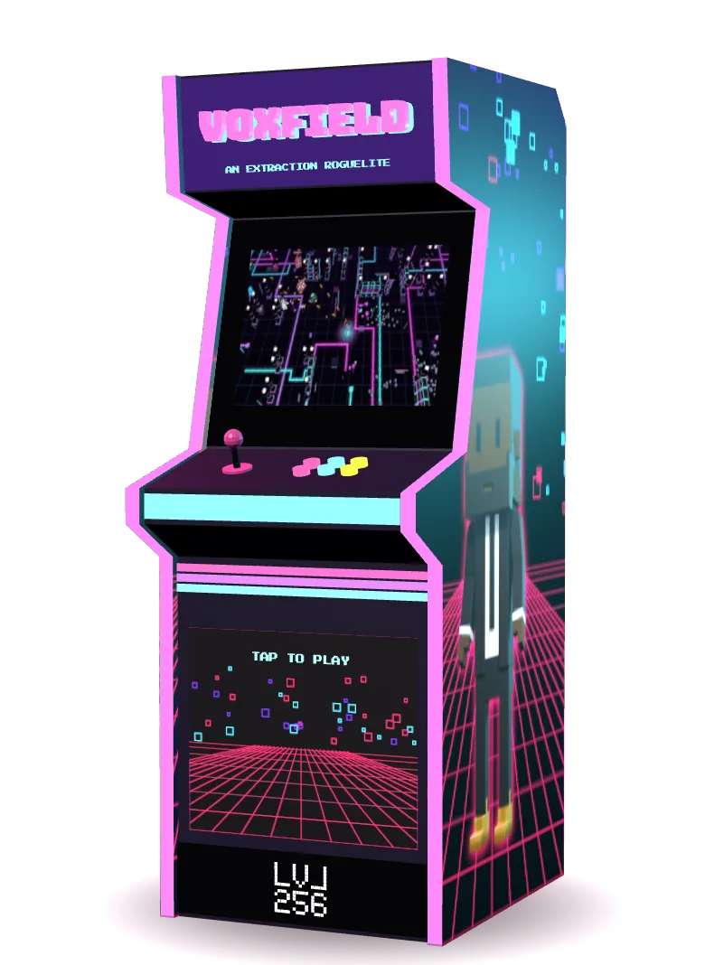 The Voxfield arcade cabinet: a black machine trimmed in neon magenta and cyan, with gameplay on its screen, Jules painted on one side and Bonnie on the other